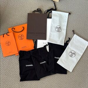 Hermes and Chanel show dust bag and Hermes LV and Gucci retail bag
